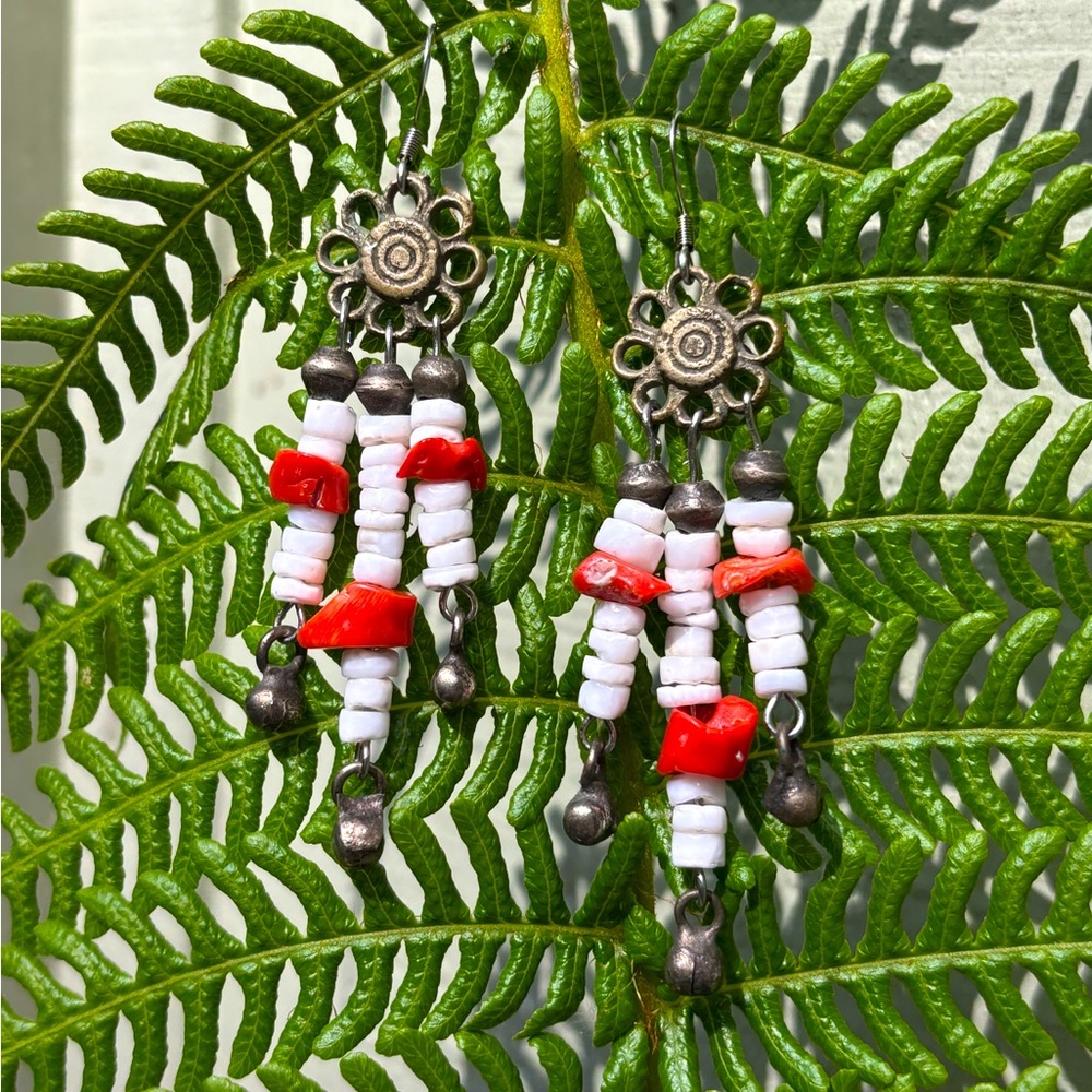 Handmade Vintage Genuine Coral and Puka Shell Mixed Metal Dangle Earrings